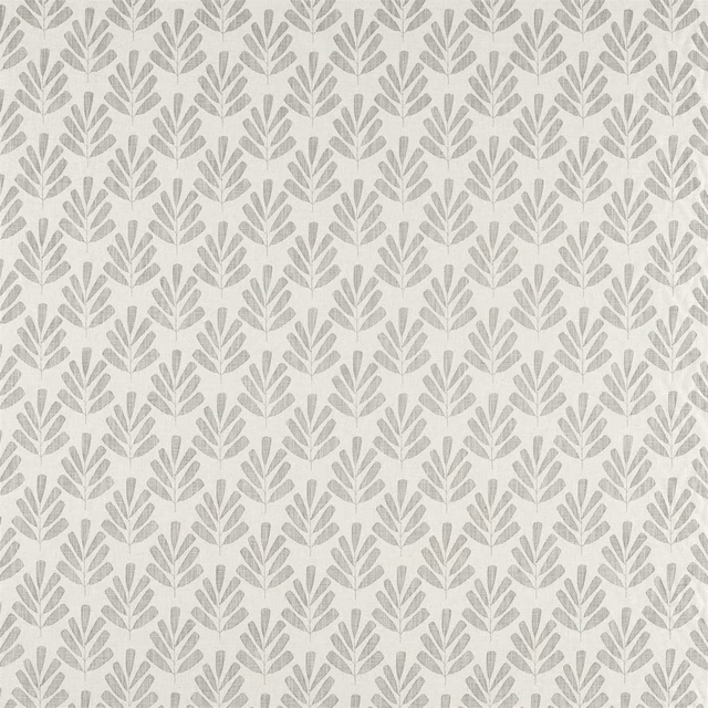 Ivory woven fabric with small repeating fossil-grey botanical sprigs
