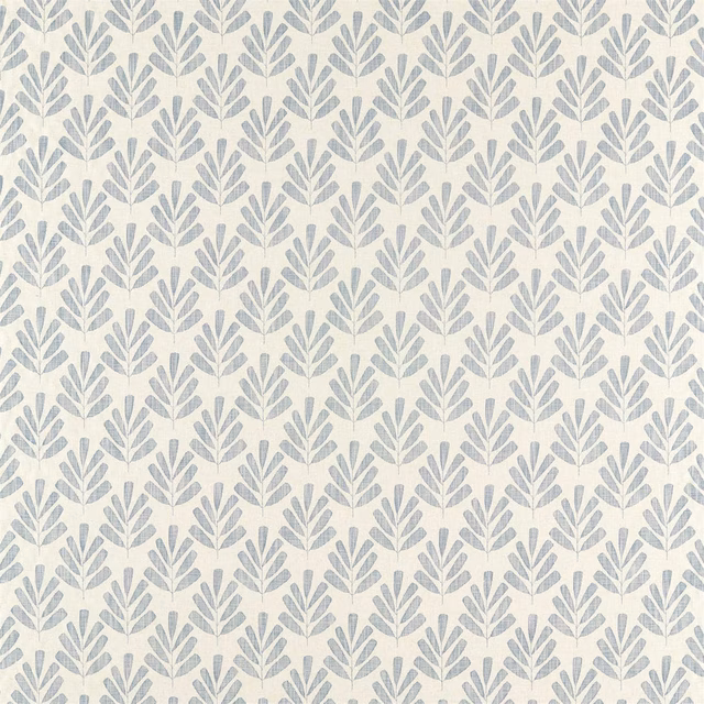 Muted indigo-blue botanical sprigs woven across a pale cream ground