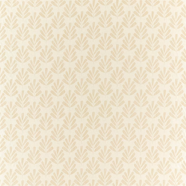Warm ivory woven fabric with repeating sand leaf sprigs and tactile texture