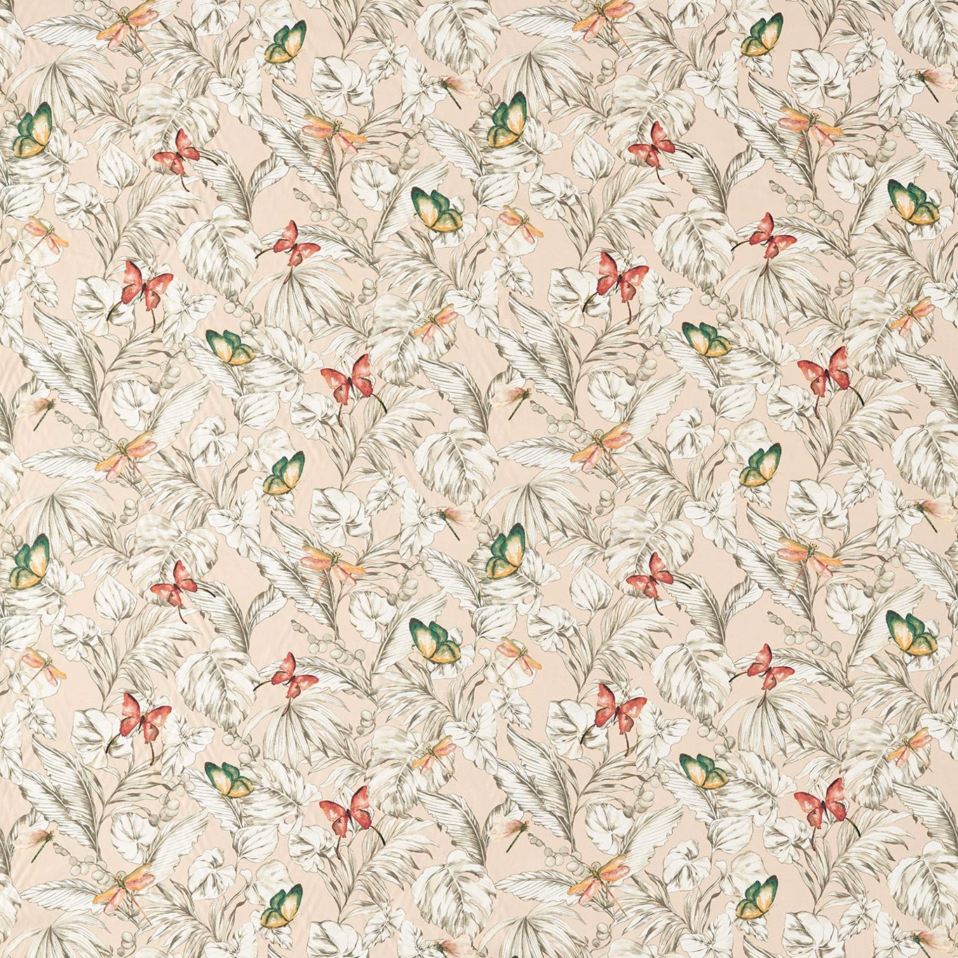 Blush floral fabric with leafy stems, butterflies and soft tropical birds