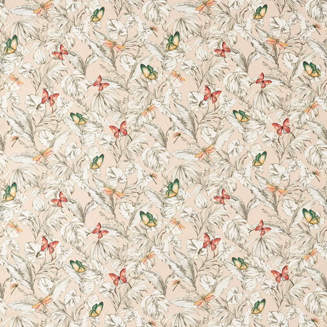 Blush floral fabric with leafy stems, butterflies and soft tropical birds