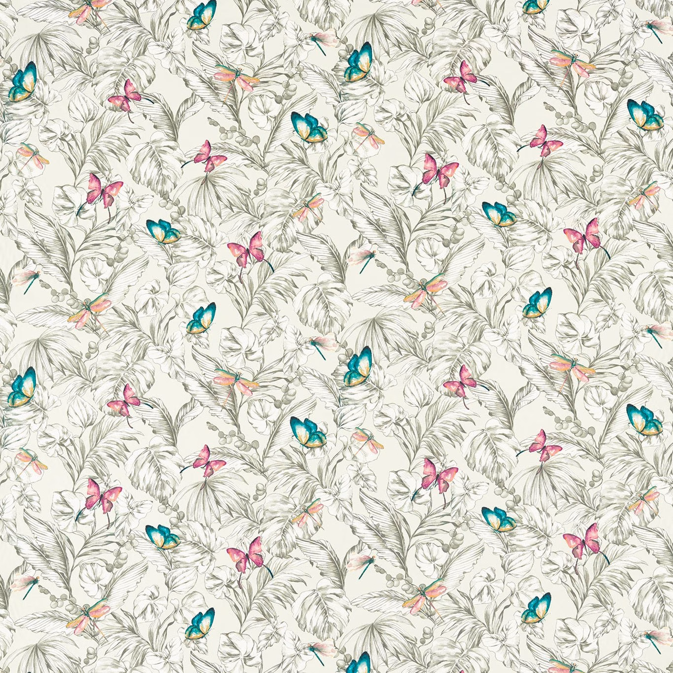 Ivory botanical fabric with teal, pink and coral butterflies in a dense repeat