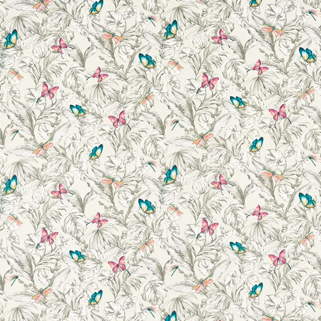 Ivory botanical fabric with teal, pink and coral butterflies in a dense repeat