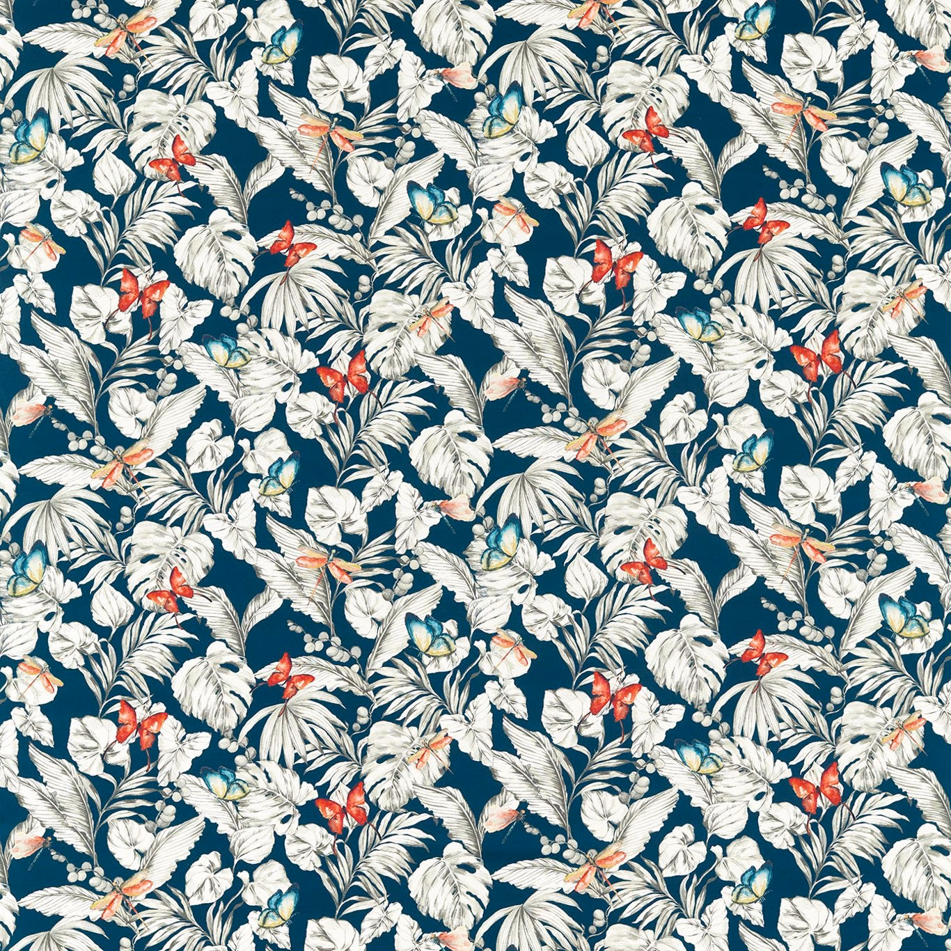 Deep midnight teal fabric with cream foliage, red birds and blue flowers