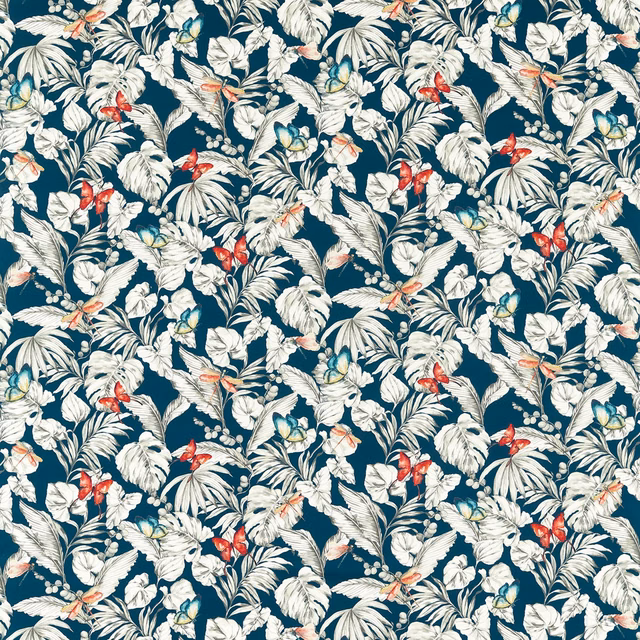 Deep midnight teal fabric with cream foliage, red birds and blue flowers
