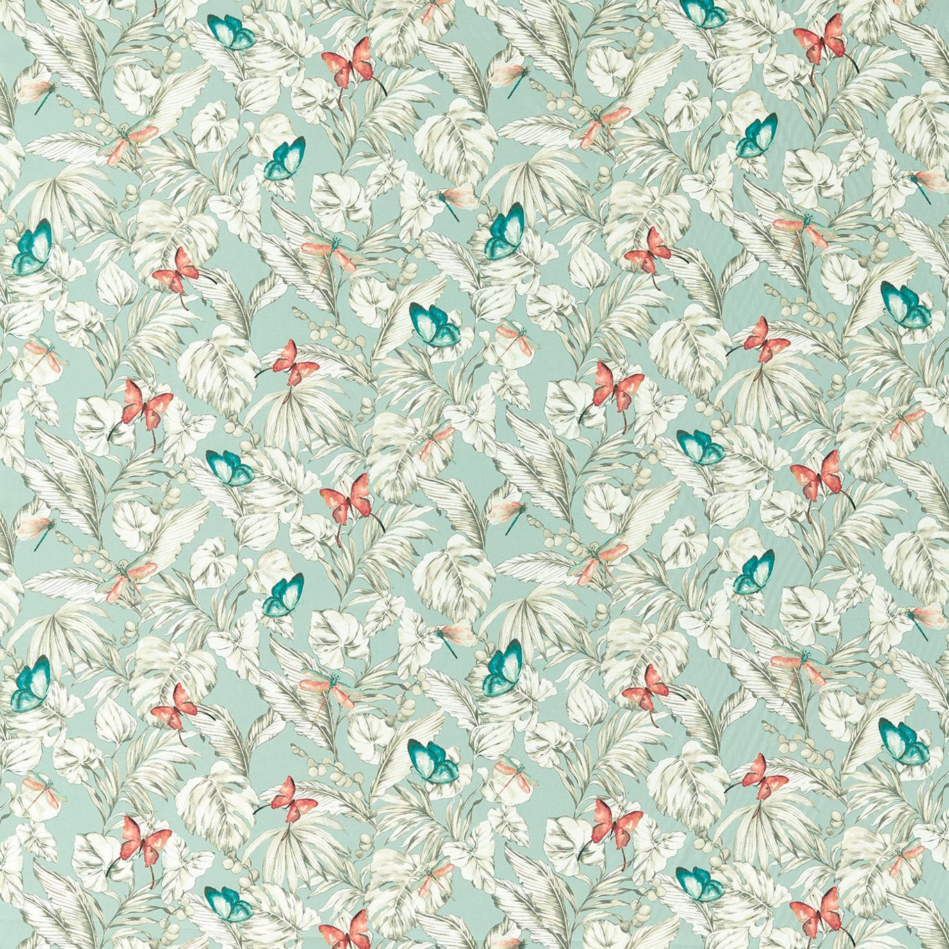 Pale mineral-aqua botanical fabric with cream leaves and coral and teal butterflies