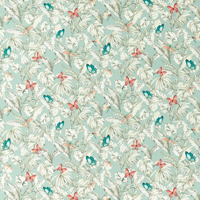 Pale mineral-aqua botanical fabric with cream leaves and coral and teal butterflies