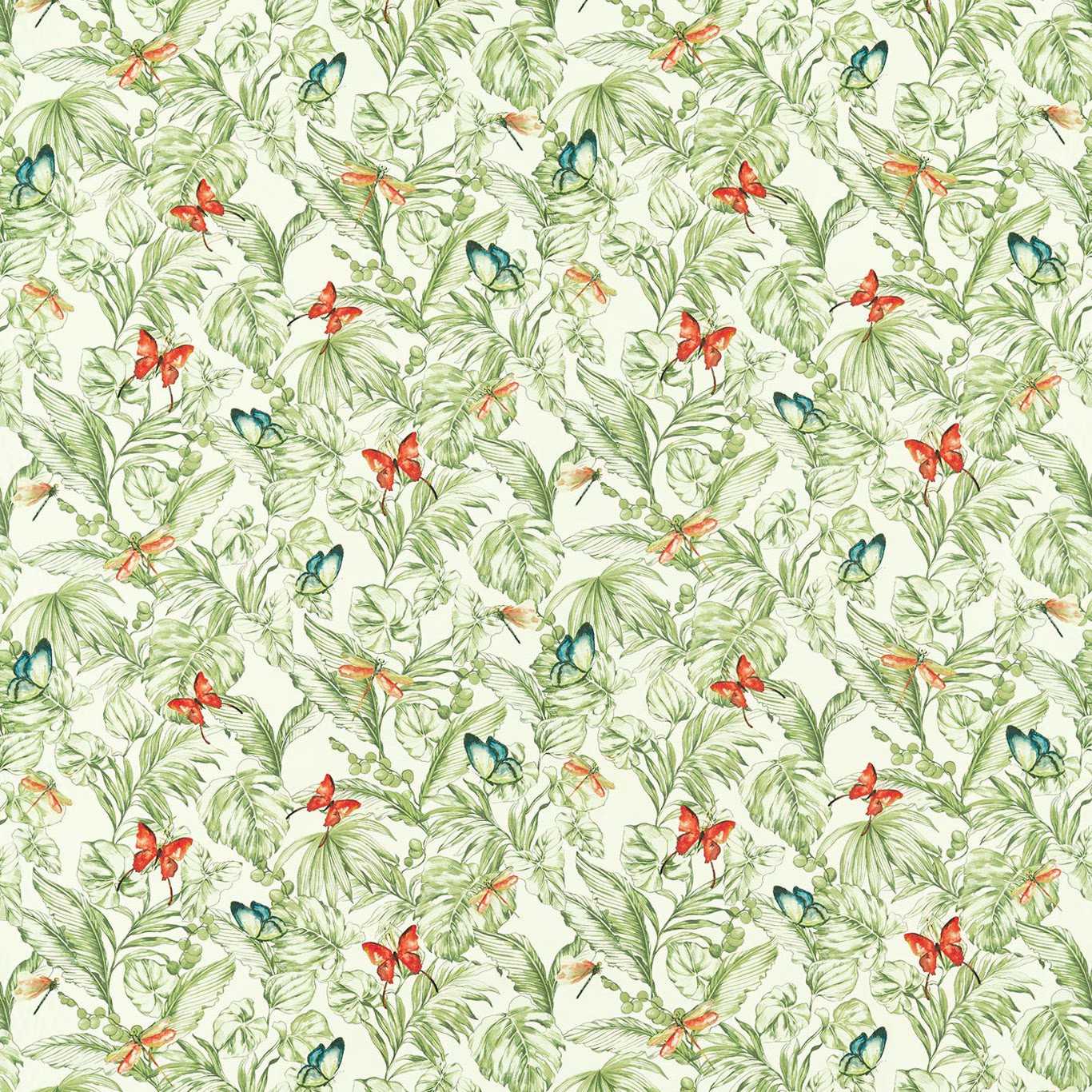 Ivory botanical textile with olive leaves and red, teal, and coral butterflies