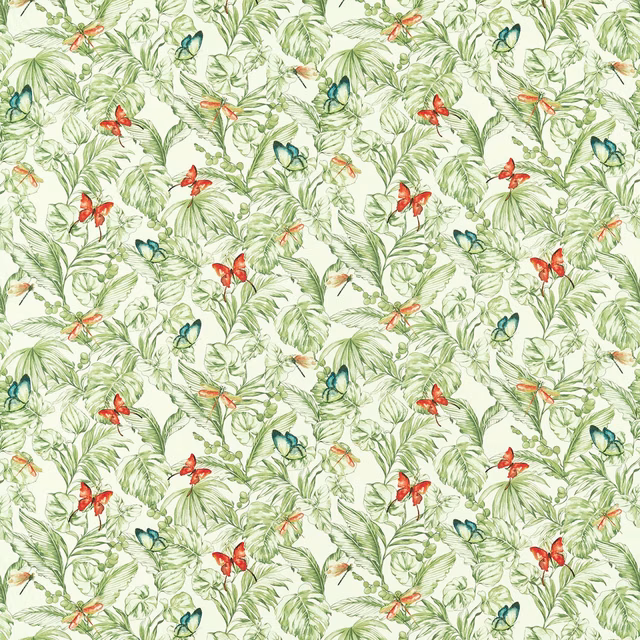 Ivory botanical textile with olive leaves and red, teal, and coral butterflies