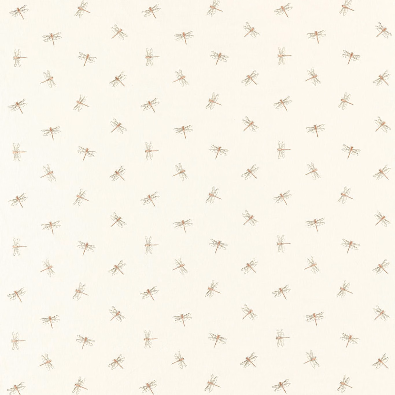 Cream textile with scattered blush, taupe and grey dragonfly motifs