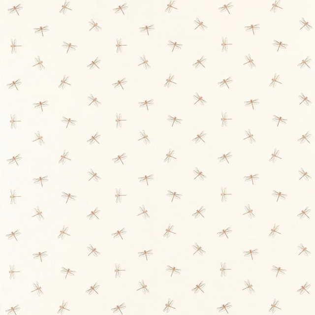 Cream textile with scattered blush, taupe and grey dragonfly motifs