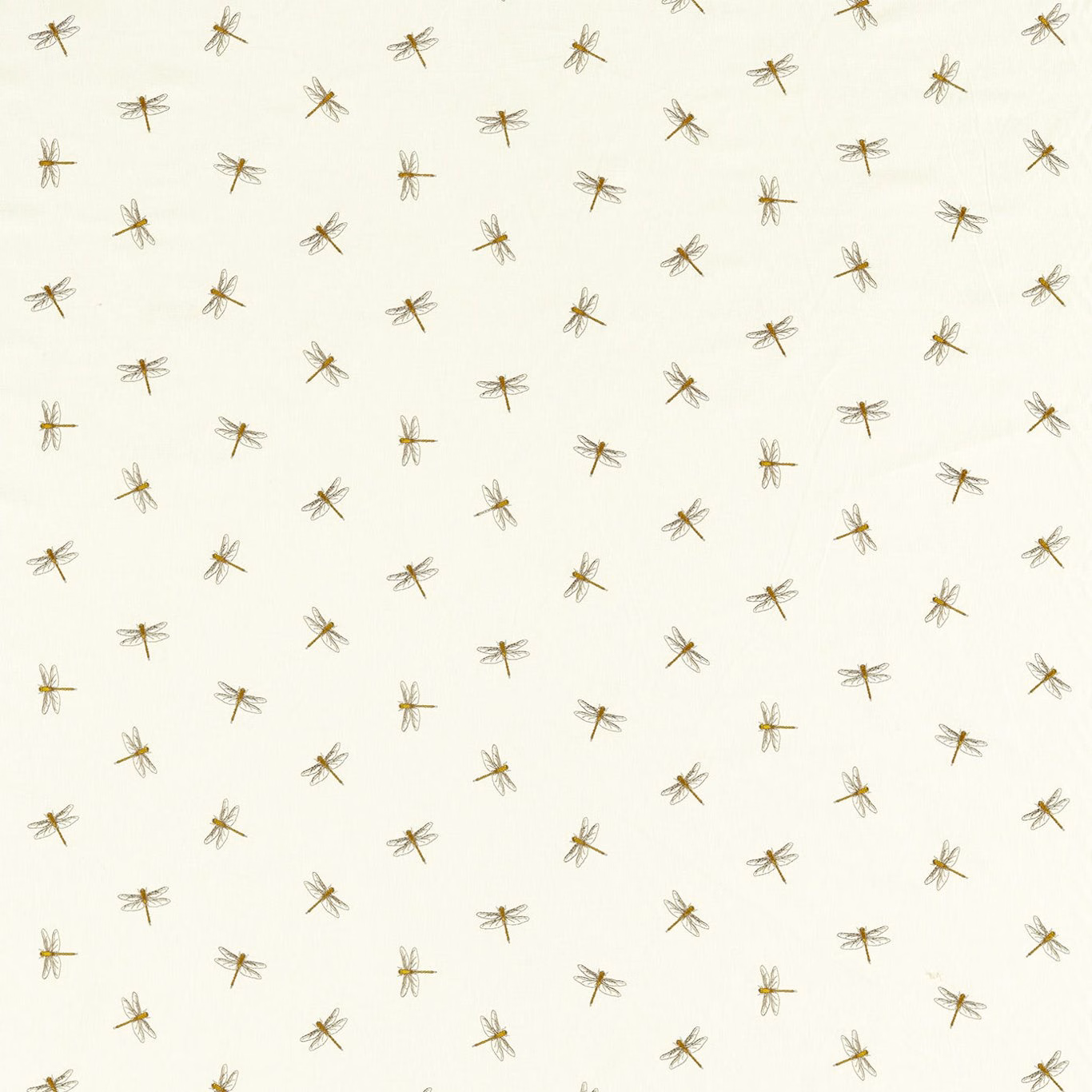 Warm ivory fabric with scattered muted citron dragonflies and fine woven texture