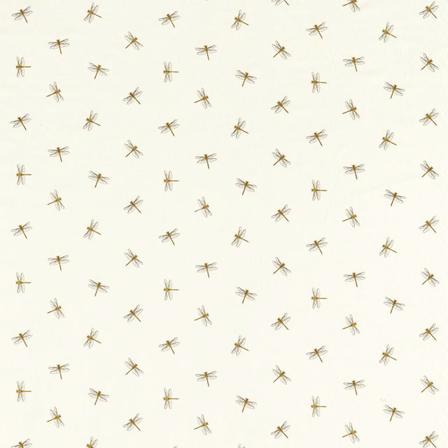 Warm ivory fabric with scattered muted citron dragonflies and fine woven texture
