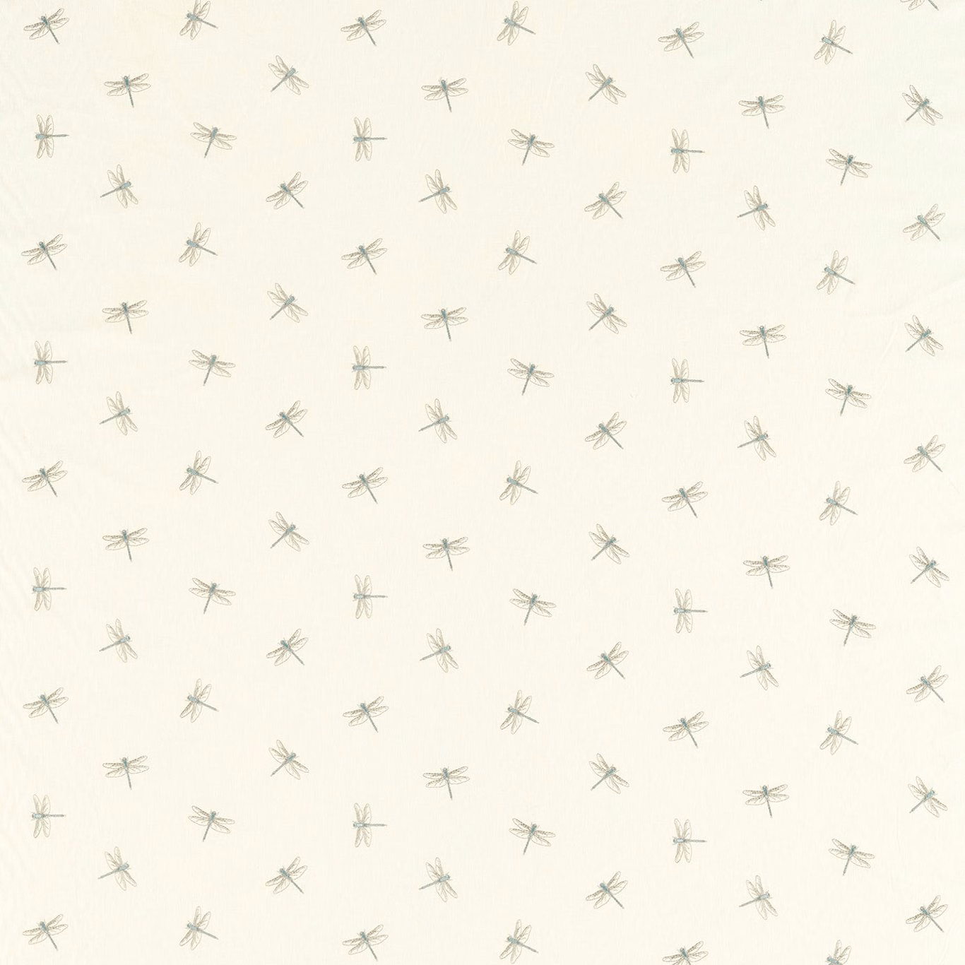 Warm ivory woven fabric with scattered sage-grey dragonfly motifs