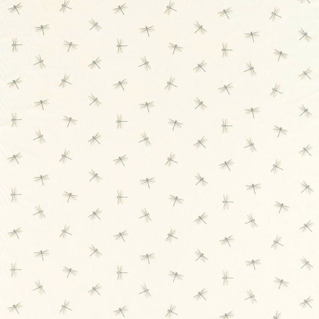 Warm ivory woven fabric with scattered sage-grey dragonfly motifs