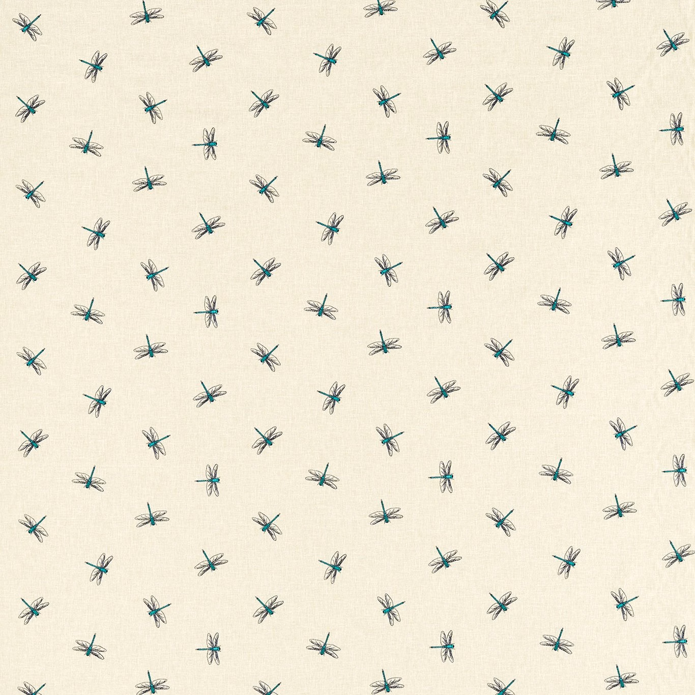 Cream fabric with scattered small muted teal dragonfly motifs and a softly textured ground