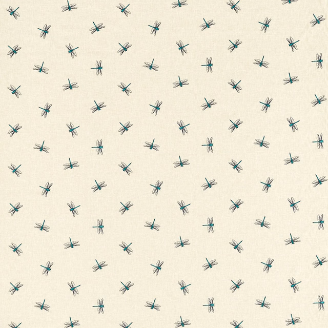 Cream fabric with scattered small muted teal dragonfly motifs and a softly textured ground