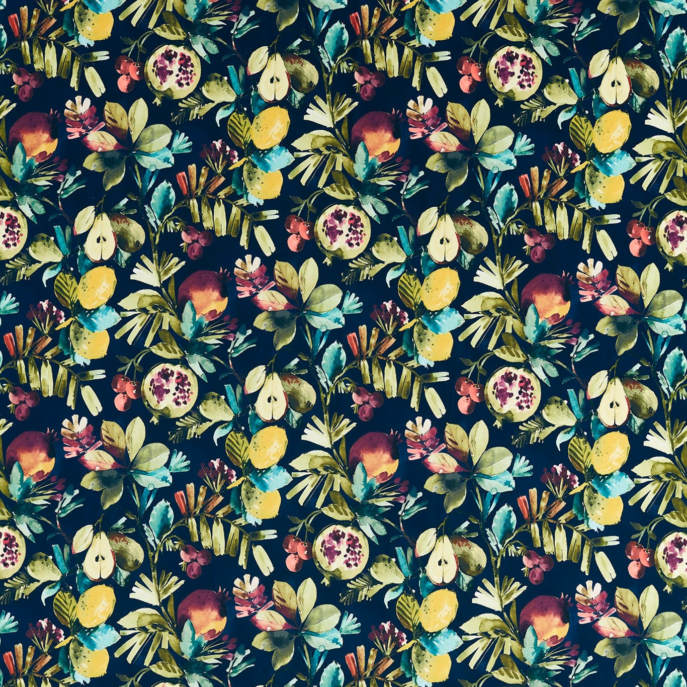Midnight blue velvet with vivid lemons, pomegranates, flowers and layered tropical foliage