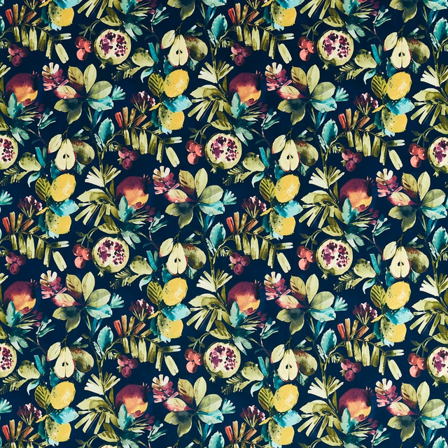 Midnight blue velvet with vivid lemons, pomegranates, flowers and layered tropical foliage