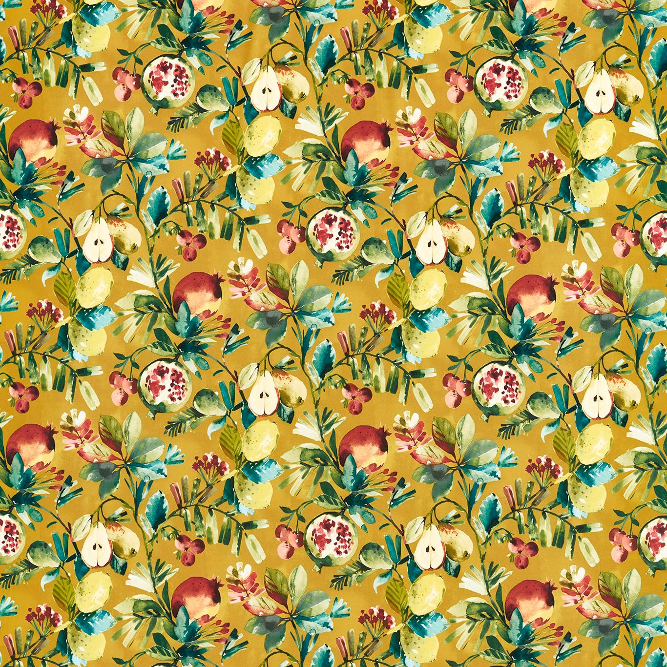 Ochre velvet with painterly pomegranates, lemons, teal leaves and colourful botanical flowers