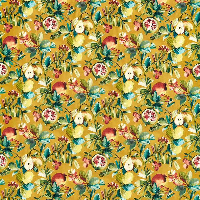 Ochre velvet with painterly pomegranates, lemons, teal leaves and colourful botanical flowers