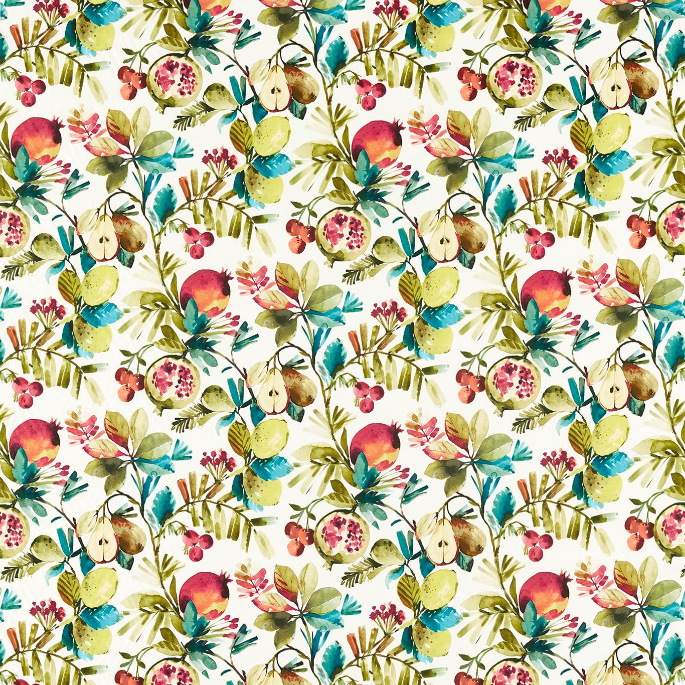 Ivory botanical fabric with pomegranates, citrus, berries and turquoise leaves