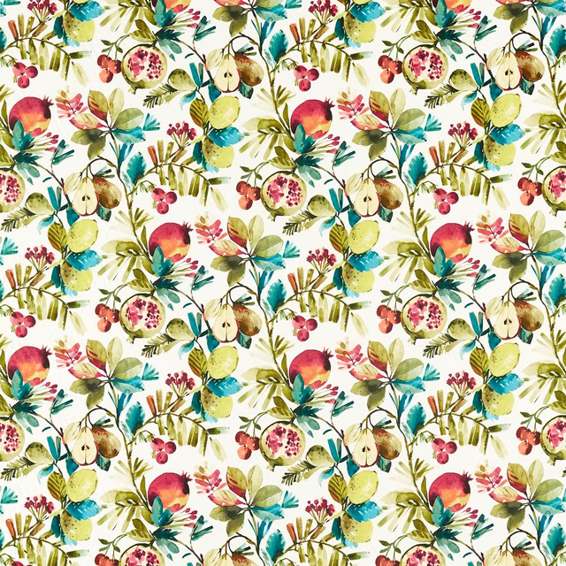 Ivory botanical fabric with pomegranates, citrus, berries and turquoise leaves