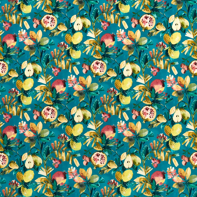 Teal velvet with vivid lemons, pomegranates, berries and painterly tropical foliage