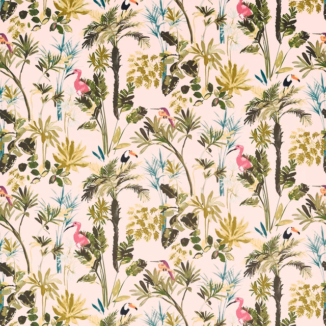 Blush-pink tropical fabric with palms, flamingos, toucans and teal foliage