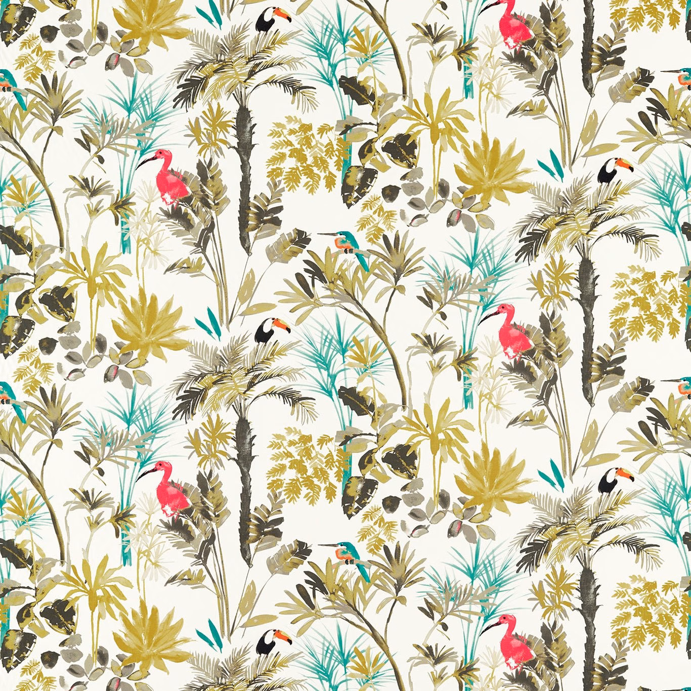 Ivory tropical fabric with citron palms, charcoal foliage, pink flamingos and toucans