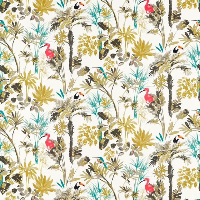 Ivory tropical fabric with citron palms, charcoal foliage, pink flamingos and toucans