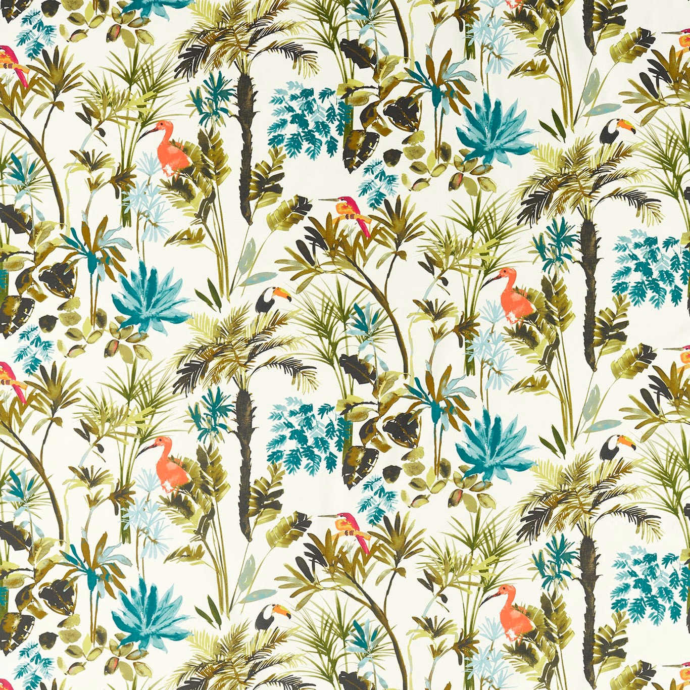 Cream tropical fabric with teal palms, green foliage, flamingos and black birds