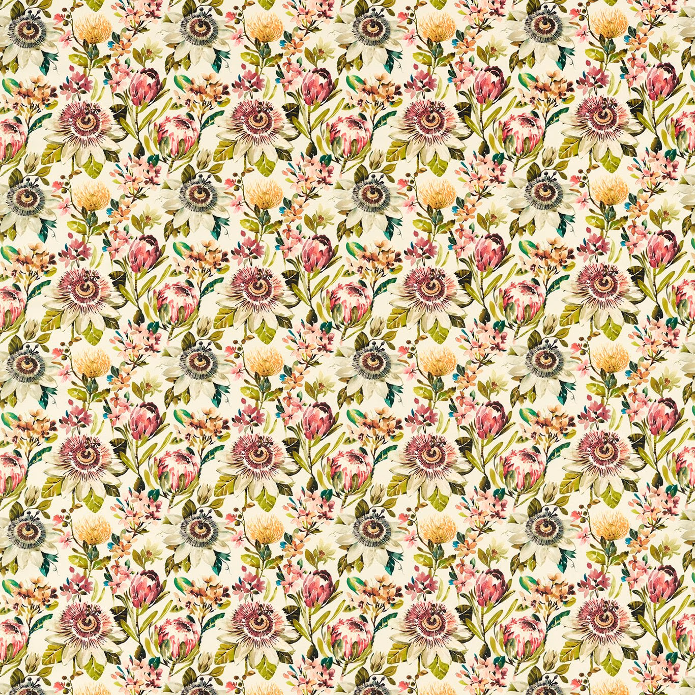 Cream fabric with repeating coral, ochre and olive botanical flowers
