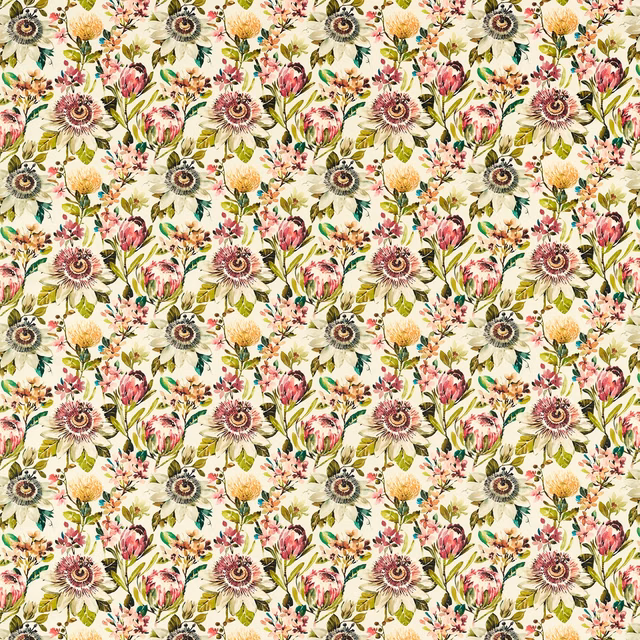 Cream fabric with repeating coral, ochre and olive botanical flowers