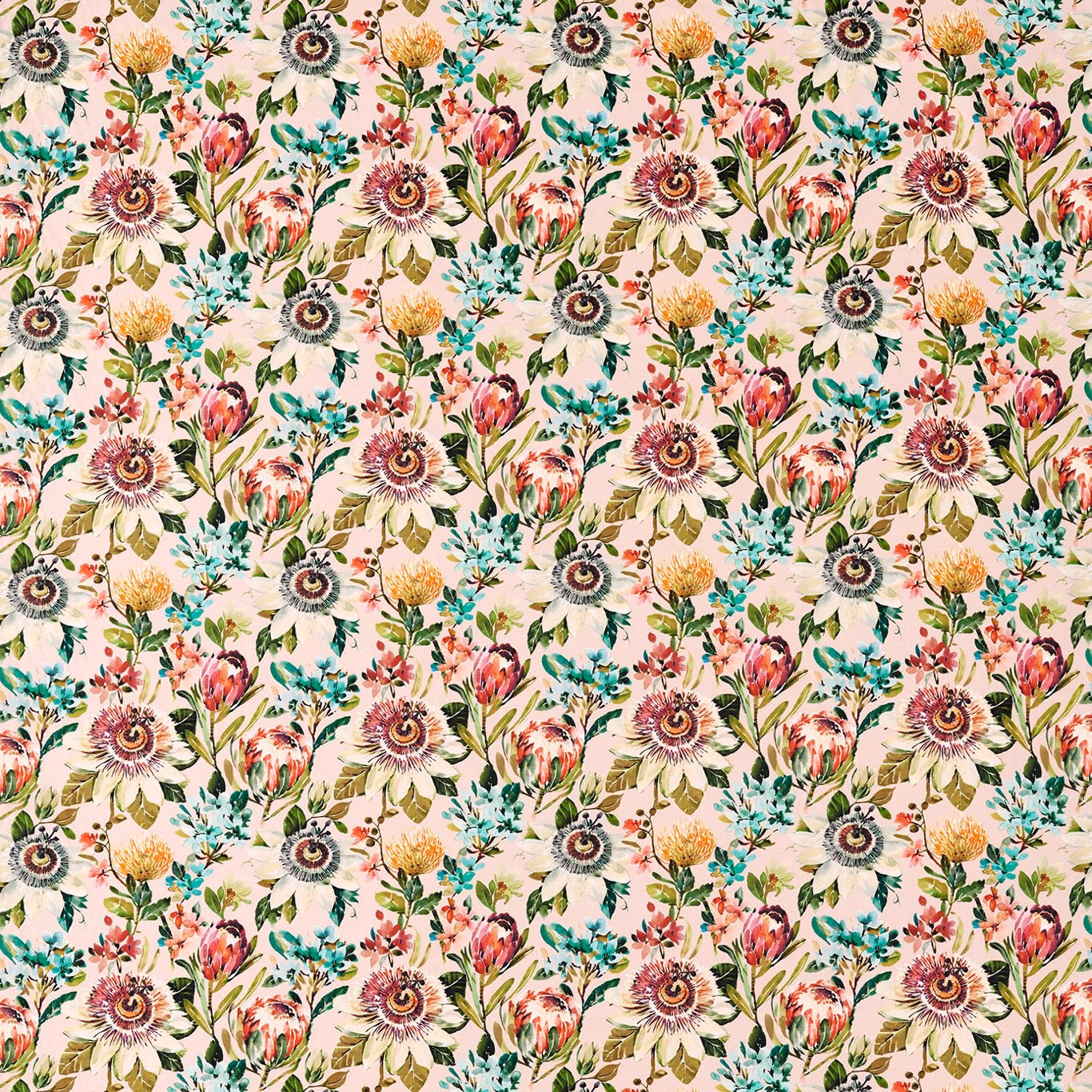 Blush pink floral fabric with teal foliage, coral blooms and painted botanical detail