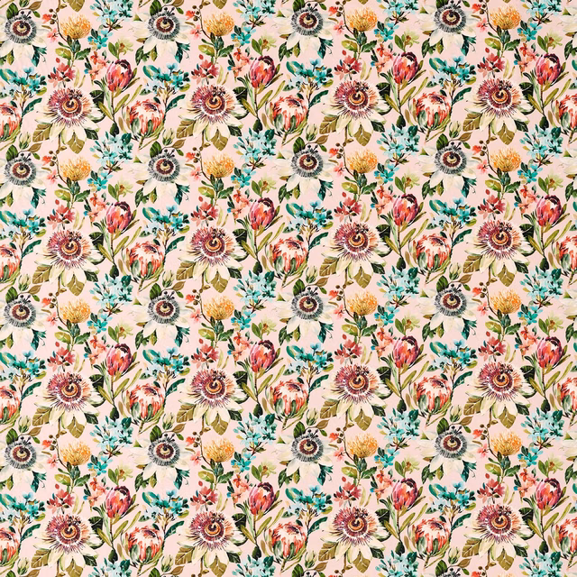 Blush pink floral fabric with teal foliage, coral blooms and painted botanical detail