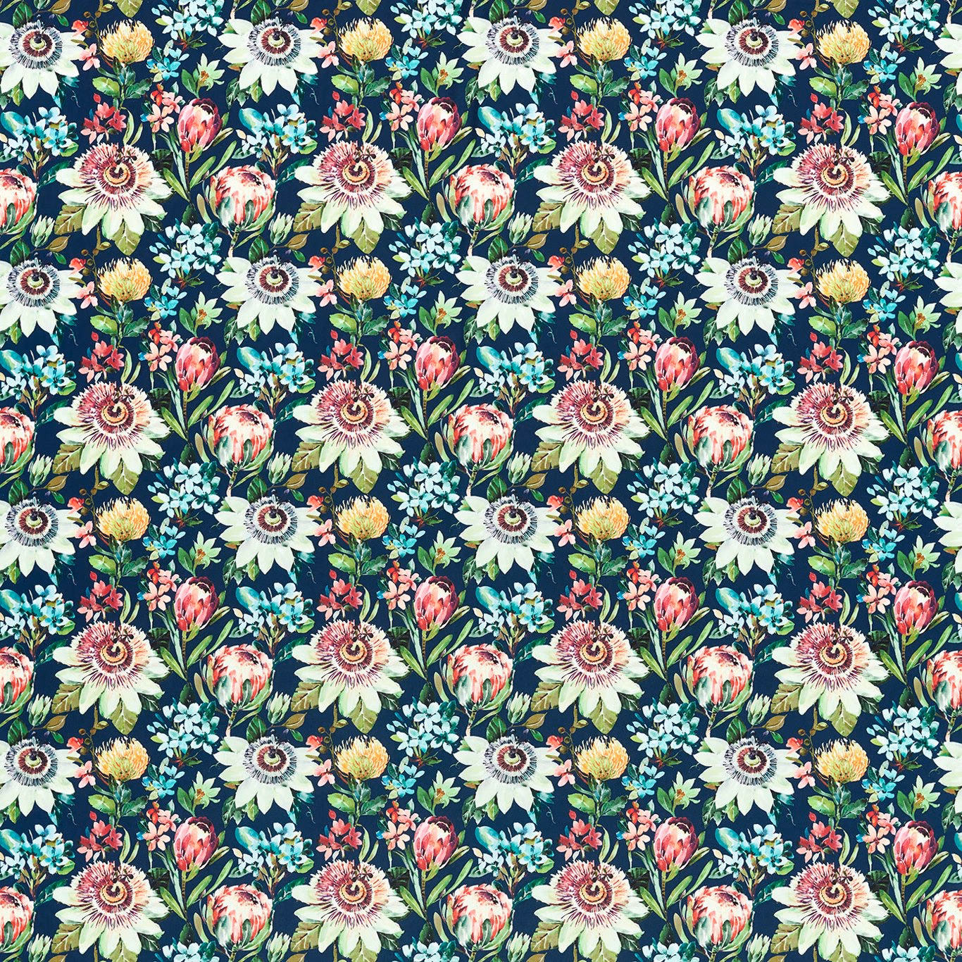 Midnight-blue floral velvet with cream daisies, coral blooms and green foliage