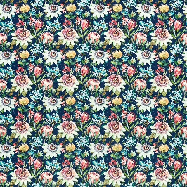 Midnight-blue floral velvet with cream daisies, coral blooms and green foliage