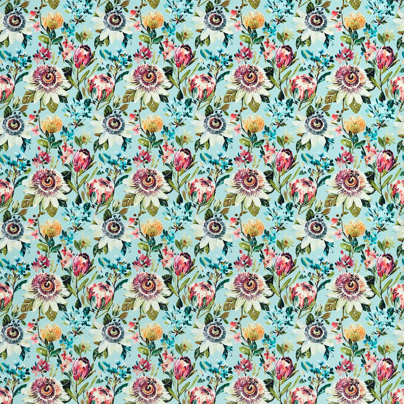 Aqua mineral velvet with repeated pink, cream and green floral bouquets
