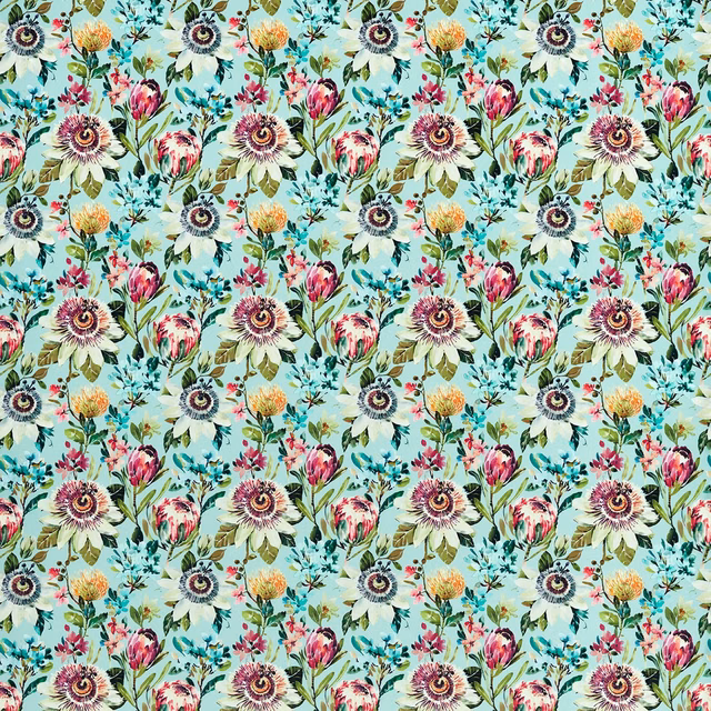 Aqua mineral velvet with repeated pink, cream and green floral bouquets