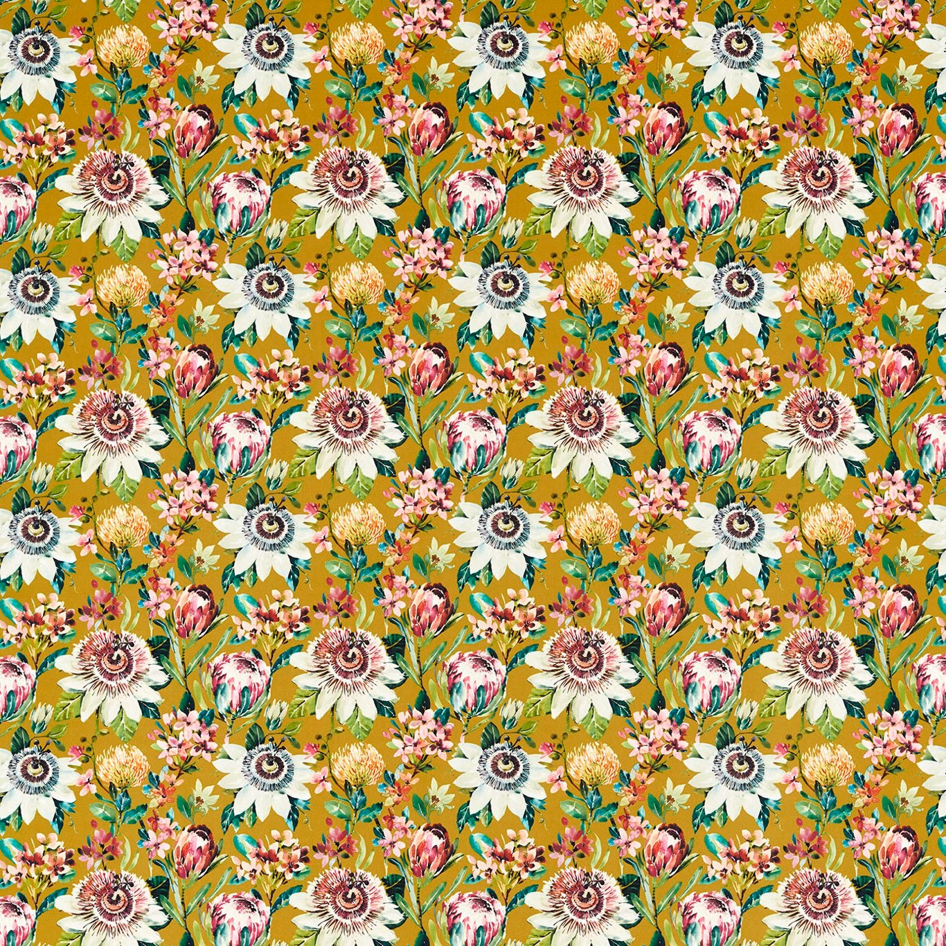 Ochre velvet with cream daisies, pink blooms, green foliage and teal floral accents