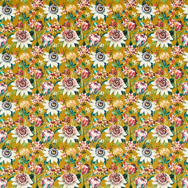 Ochre velvet with cream daisies, pink blooms, green foliage and teal floral accents