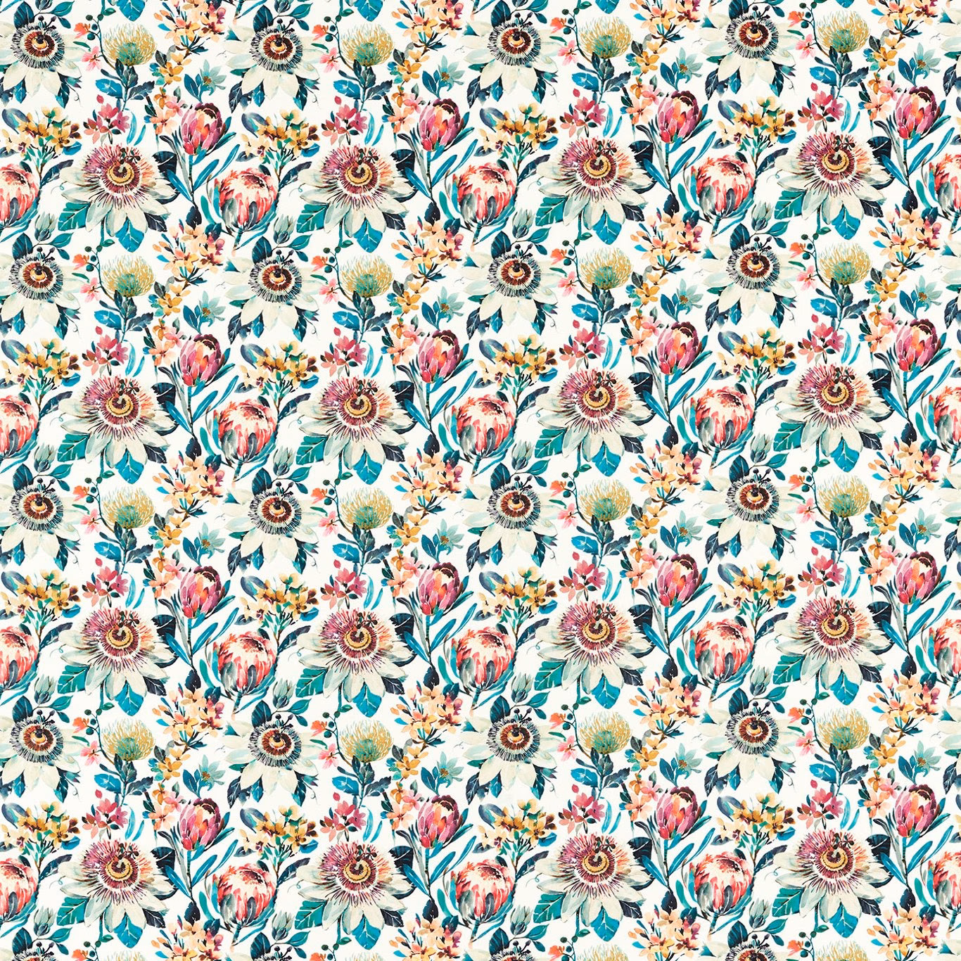 Cream floral repeat with russet blooms, teal foliage and painterly botanical detail