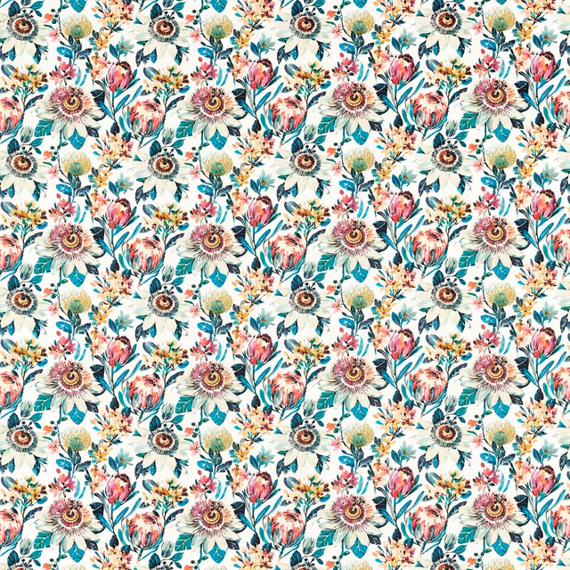 Cream floral repeat with russet blooms, teal foliage and painterly botanical detail
