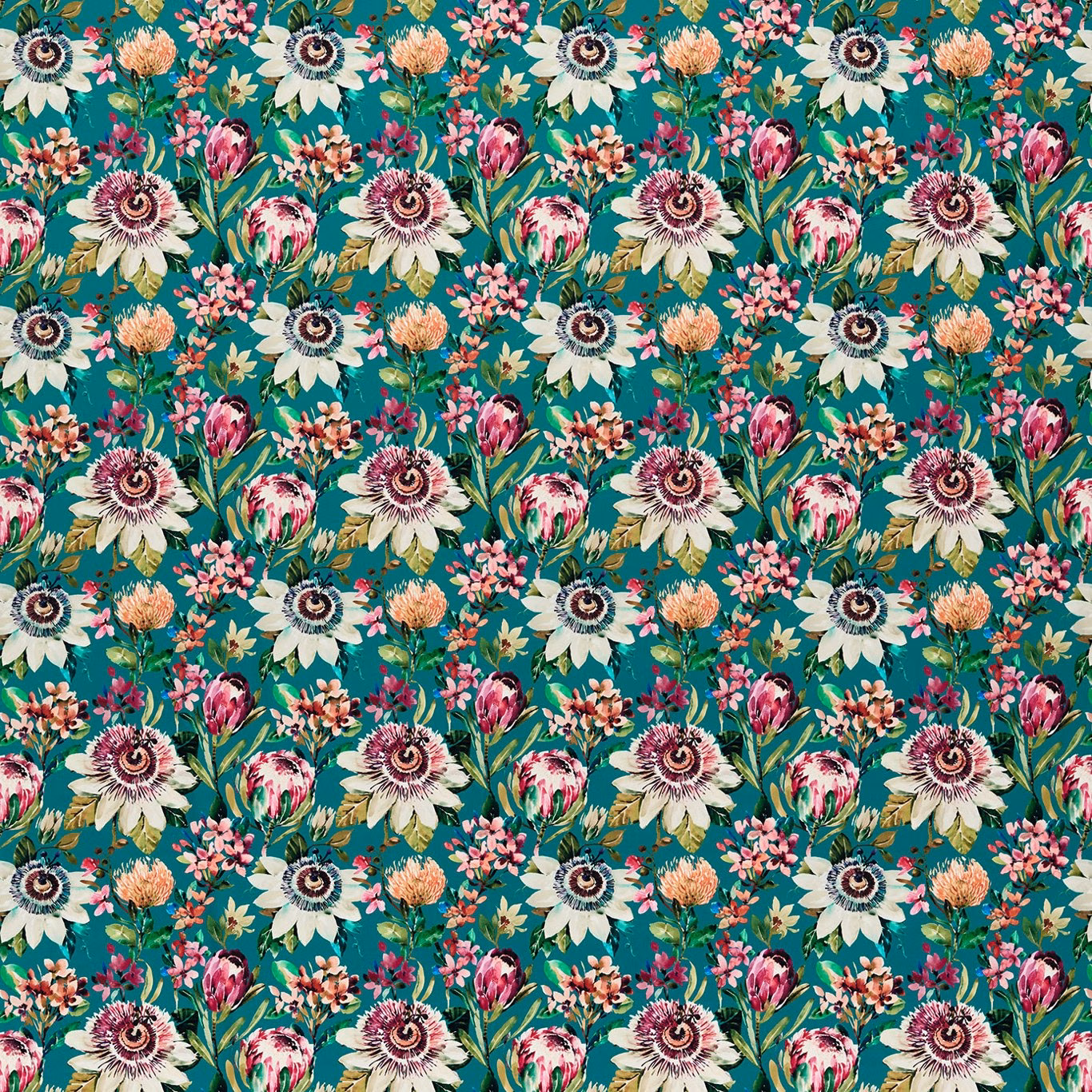 Saturated teal velvet with cream daisies, pink buds and dense botanical repeat