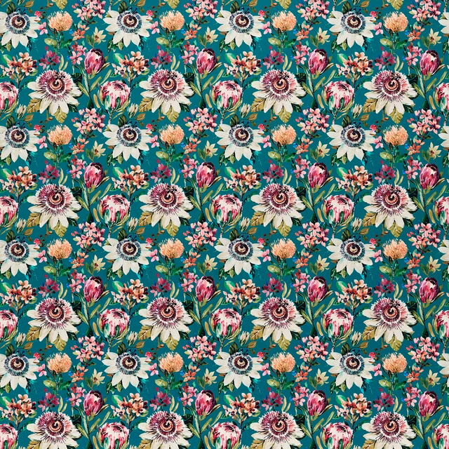 Saturated teal velvet with cream daisies, pink buds and dense botanical repeat