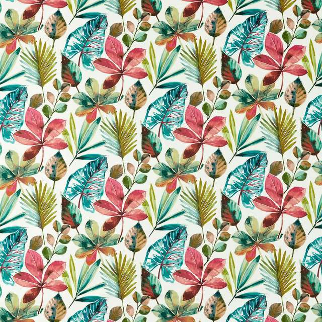 Rainforest Autumn botanical print with berry petals, teal leaves and olive fronds on cream