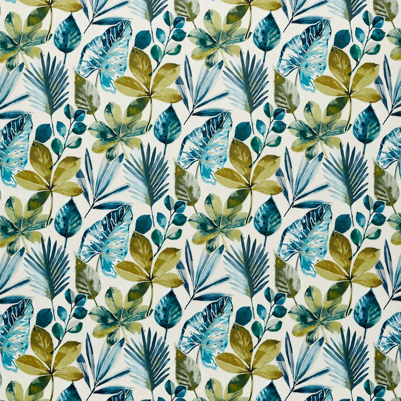 Teal and olive tropical foliage on a pale cream velvet ground