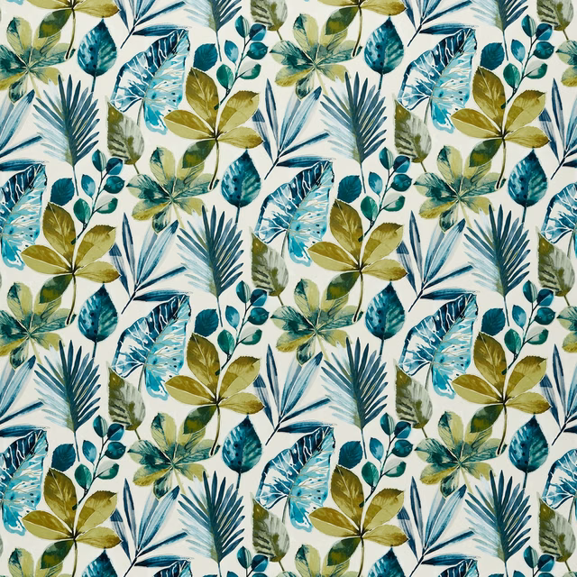 Teal and olive tropical foliage on a pale cream velvet ground