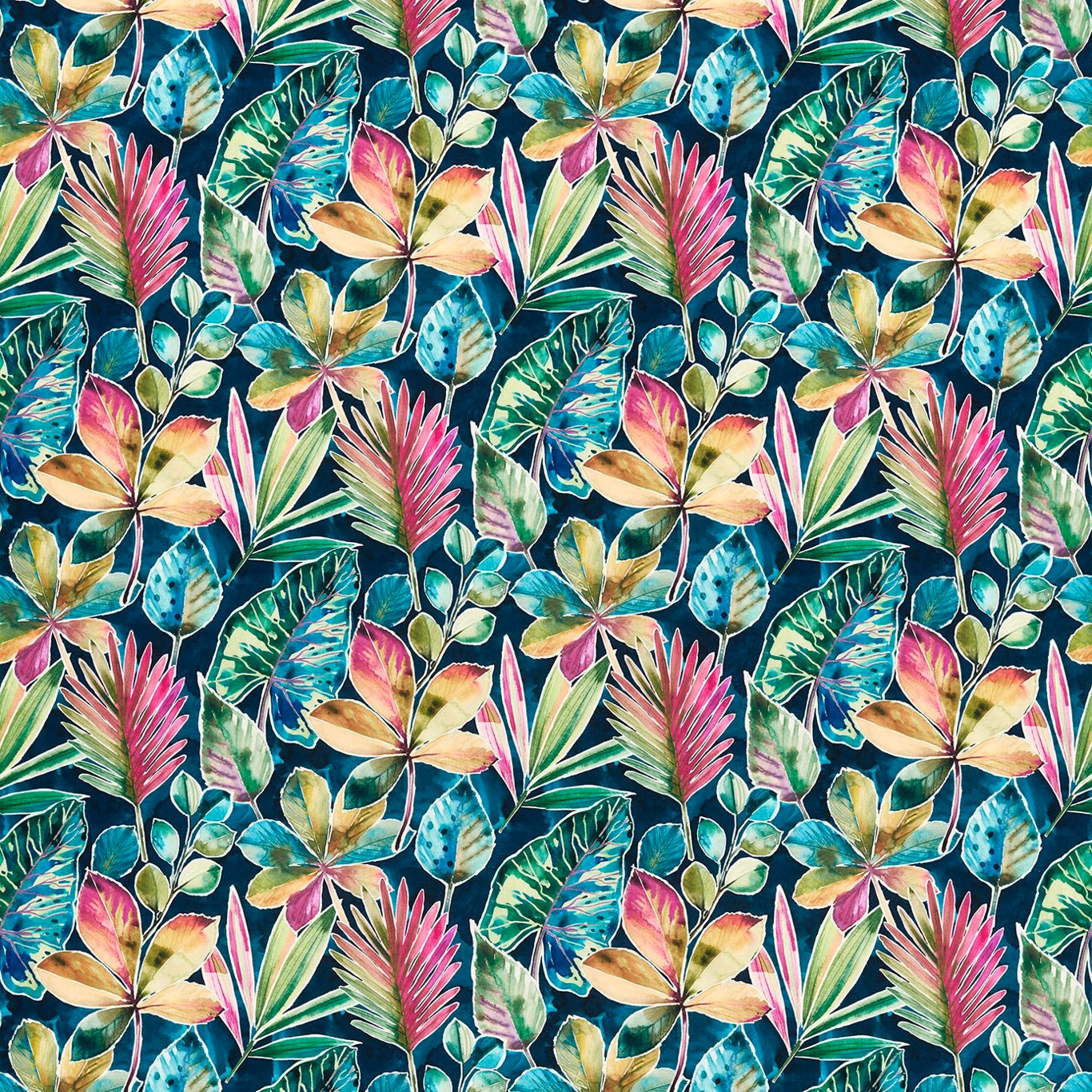 Deep teal velvet with pink tropical flowers, turquoise leaves and dense green foliage
